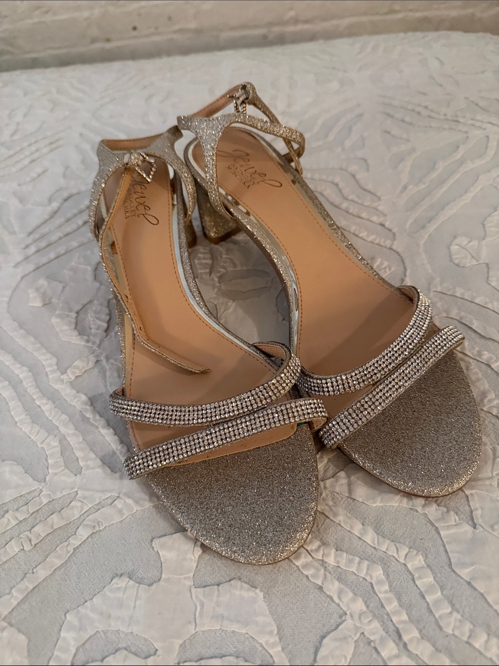 Jewel Badgley Mischka Gold Glitter Crystal-Strap Heels